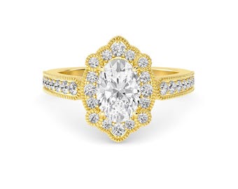 Oval Diamond Ring in Gold, Art Deco Milgrain Solitaire, Vintage Style Engagement or Anniversary Ring, 1.00 Ct Lab Grown Diamond