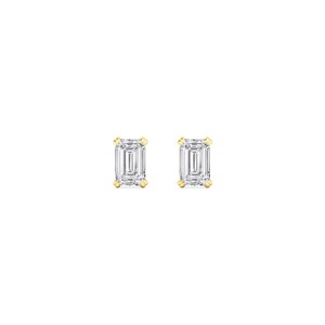 May include: A pair of emerald-cut diamond stud earrings. The clear, rectangular-shaped diamonds are set in a four-prong, yellow gold setting. The earrings are displayed against a white background.