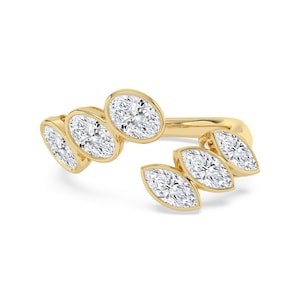 Lab Diamond Open Cuff Ring - Oval Marquise Diamond Cluster, 3.39 CT Yellow Gold/Silver Wrap Around Statement Ring
