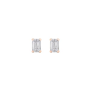 May include: A pair of stud earrings featuring emerald-cut, clear gemstones set in rose gold. The earrings are displayed against a white background, highlighting the sparkle of the stones. The design is simple and elegant.
