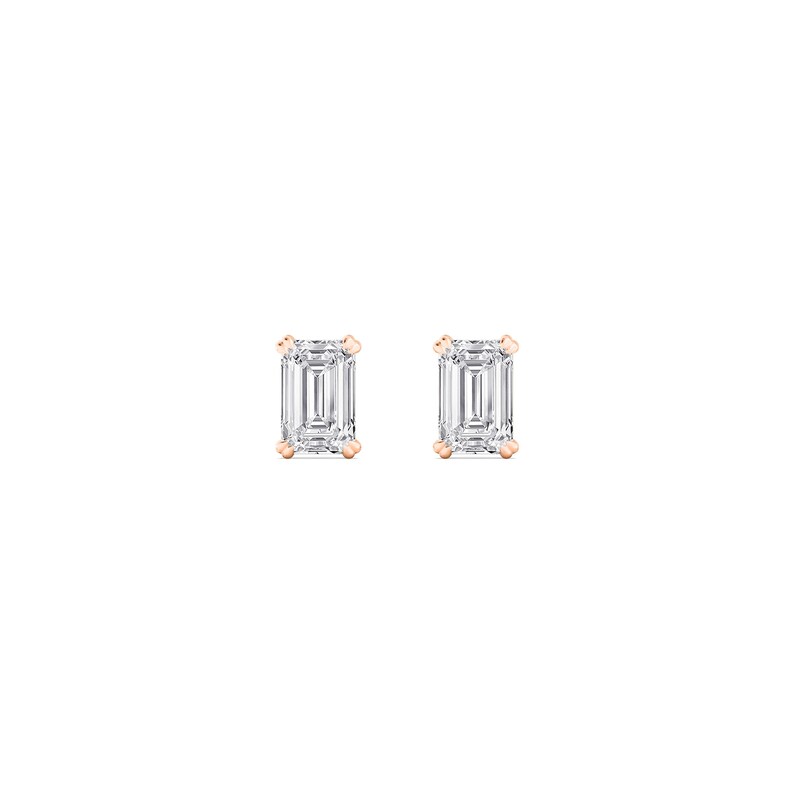 May include: A pair of stud earrings featuring emerald-cut, clear gemstones set in rose gold. The earrings are displayed against a white background, highlighting the sparkle of the stones. The design is simple and elegant.