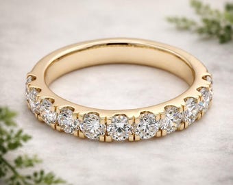 Minimalist Micro Pavé Wedding Ring Round Lab Diamond Prong Set Half Eternity Stacking Ring Anniversary Promise Valentines Gift, 0.25-1.50Ctw