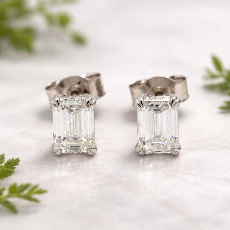 2.00CTW Emerald Cut Lab Diamond Stud Earrings – Solid Gold/Silver, Minimalist Bridal Jewelry image 1
