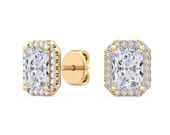 Lab Grown Diamond Halo Earrings, Radiant Cut, Solid Gold/Silver, VVS/VS Clarity