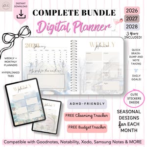 May include: A digital planner bundle with a pink and white design. The planner includes weekly and monthly layouts, hyperlinked tabs, and seasonal designs. Features include quick note-taking, daily goals, and ADHD-friendly design. Includes free cleaning and budget trackers.