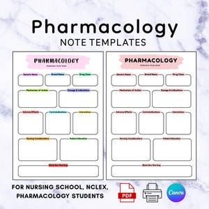 Puede incluir: Dos plantillas de notas de farmacología para estudiantes de enfermería con secciones para nombre genérico, nombre de marca, clase de fármaco, mecanismo de acción, dosis, indicaciones, efectos adversos, contraindicaciones, interacciones y advertencias.