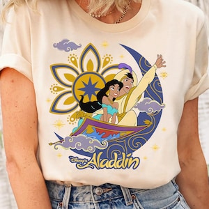 Vintage Disney Aladdin Shirt, Cute Jasmine & Aladdin Flying Carpet Floral Poster Tshirt, WDW Magic Kingdom Disneyland Trip Family Vacation