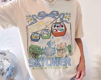 Vintage Disney Skyliner Shirt, Mickey and Friends Travel The World From Above Tee, Epcot Hollywood Studios Vacation Gift