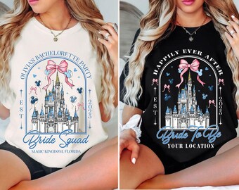 Camiseta personalizada con lazo de novia de Disney Castle, camiseta de despedida de soltera de Disney, regalo de despedida de soltera, "Felices para siempre", camiseta de novia de Disney