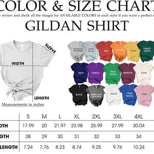May include: Color and size chart for Gildan shirts, featuring a white t-shirt with measurements in inches. Includes a color palette with options like red, orange, and navy. The chart provides width, length, and sleeve length measurements for sizes S to 5XL.