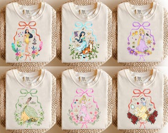 Camiseta vintage de la escuadra de princesas de Disney, camiseta de Cenicienta, Elsa, Ariel, Bella, Tiana y Aurora, camiseta con lazos coquetos, viaje familiar a Disneyland, tour de WDW