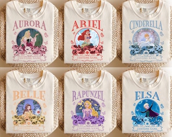 Camiseta retro de la escuadra de las princesas de Disney, camiseta de Jasmine, Blancanieves, Ariel, Bella, Rapunzel y Elsa, camiseta floral de princesa, viaje familiar a Disneyland, tour de WDW