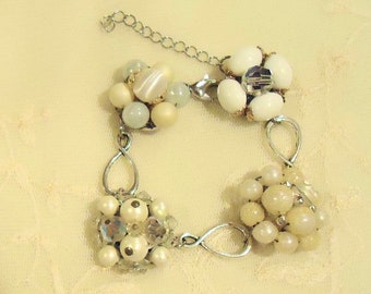 OOAK Handmade Vintage White Pearl Cluster Earring Bracelet, Vintage Earring Bracelet