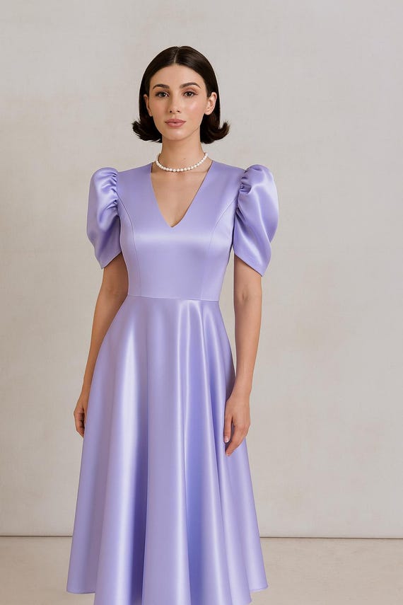 satin lavender bridesmaid dresses Flutter Sleeves Lavender Chiffon A-line Long Bridesmaid Dress – Dreamdressy main image 1