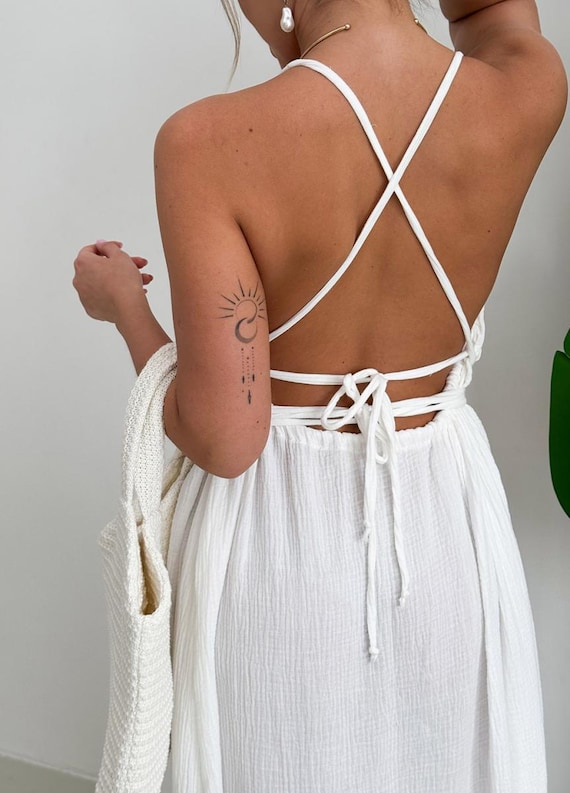 White Backless Maxi Dress - Greek Style Minimalist Muslin Sundress, Fluffy Elegant Sleeveless Summer Evening Party Dress