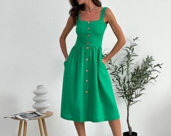 Women's Summerdress With Buttons, Green Sundress, Sundress for Women With  Delicate Straps, Midi Length Green Dress, Midi Natural Sundress - Etsy