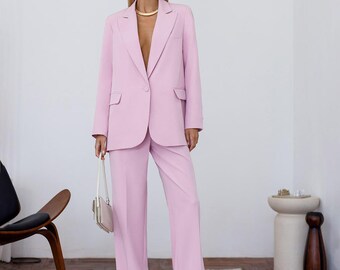 Traje rosa palo para mujer, elegante traje pantalón holgado, minimalista, ideal para la oficina, bodas o como atuendo informal.