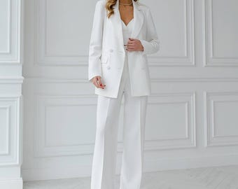 Women Ivory Suit | Elegant Pantsuit | Minimalist Three Piece Outfit | Long Sleeve Blazer | Wedding Guest Evening Set | Office Women Wear