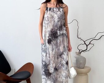 Maxi Dress Minimalist Light Sundress Sleeveless Beach Clothing  Summer Party Dress Grey Romantic Airy Long Casual Simple Sundress