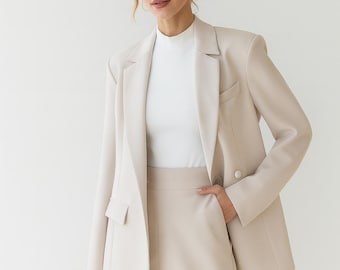Beige women suit minimalist pantsuit, oversized blazer set with wide leg trousers, two piece outfit elegant office wear evening suit