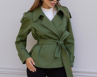 Women trench jacket, elegant autumn trench coat, classic casual minimalist coat, stylish khaki cropped business trench belted fashion