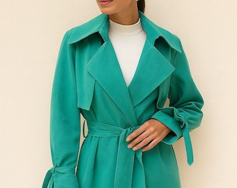 Women trench coat, elegant outerwear, green long autumn trench, classic casual stylish trench coat, oversized