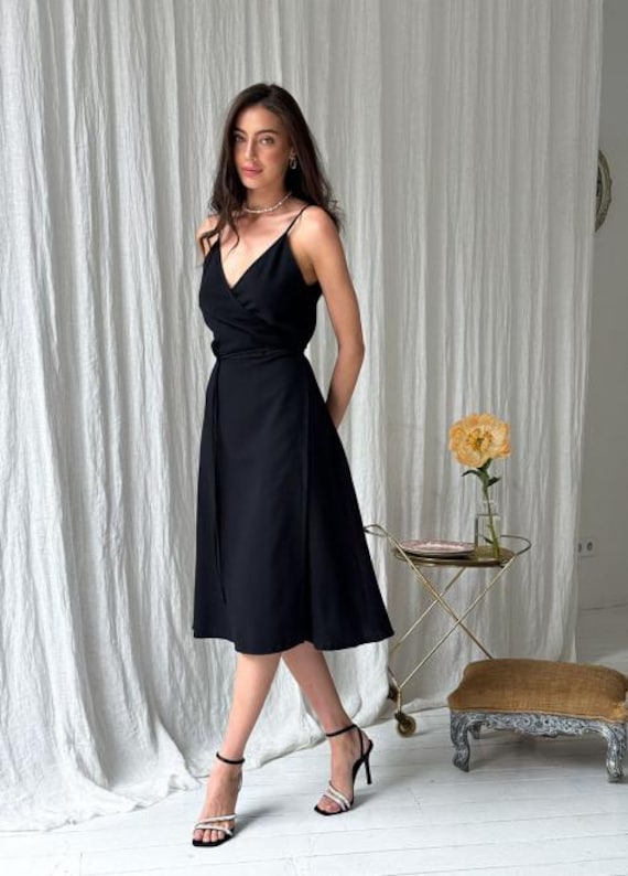 Summer Midi Dress Minimalist Casual Sundress Black Sleeveless Wrap