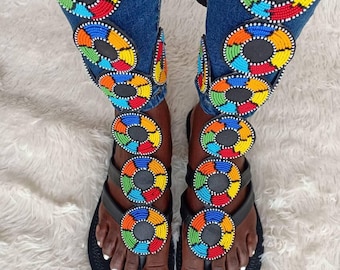 Handmade Beaded Gladiator Sandals, Boho Leather Summer Flats