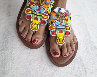 African Beaded Leather Sandals | Handmade Maasai Sandals | Boho Summer Flats | Women’s Slip-On Sandals | Ethical Artisan Footwear
