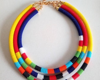 Handmade African Beaded Necklace, Maasai Tribal Jewelry