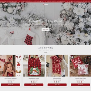 May include: Website banner with a Christmas theme. The banner features a countdown timer, holiday decorations, and product images. The text "Limited Time Holiday Offers!" is displayed prominently. Featured products include headbands, table runners, scarves, and pillow covers.