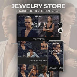 Könnte beinhalten: Ein dunkles Shopify-Theme-Mockup für ein Schmuckgeschäft, das eine Website und ein Mobiltelefon zeigt. Die Website zeigt Schmuckkollektionen mit dem Text "MOMENTS IN GOLD". Das Bild enthält den Text "JEWELRY STORE" und "DARK SHOPIFY THEME 2025".