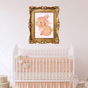 Baby Bunny Wall Art Print | Pink Gingham Nursery Decor | Cute Woodland Animal Digital Download | Baby Girl Room Decor | Instant Download