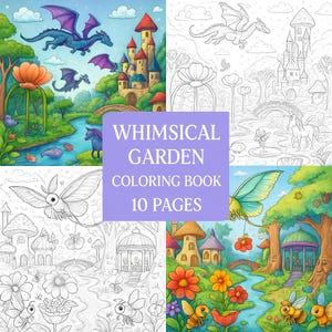 May include: A "Whimsical Garden" coloring book with 10 pages. The cover features a colorful illustration of a fantasy landscape with dragons, a castle, and a river. Other pages show line art of similar scenes.