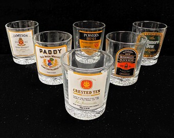 Set of 6 Vintage Liquor Advertising Shot Glasses :Crested Ten, Bushmills, Paddy, Powders, Tullamore Dew, Jameson
