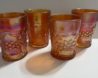 Carnival Tumbler * Fenton Art Glass Co * Water Lily & Cattails * Marigold