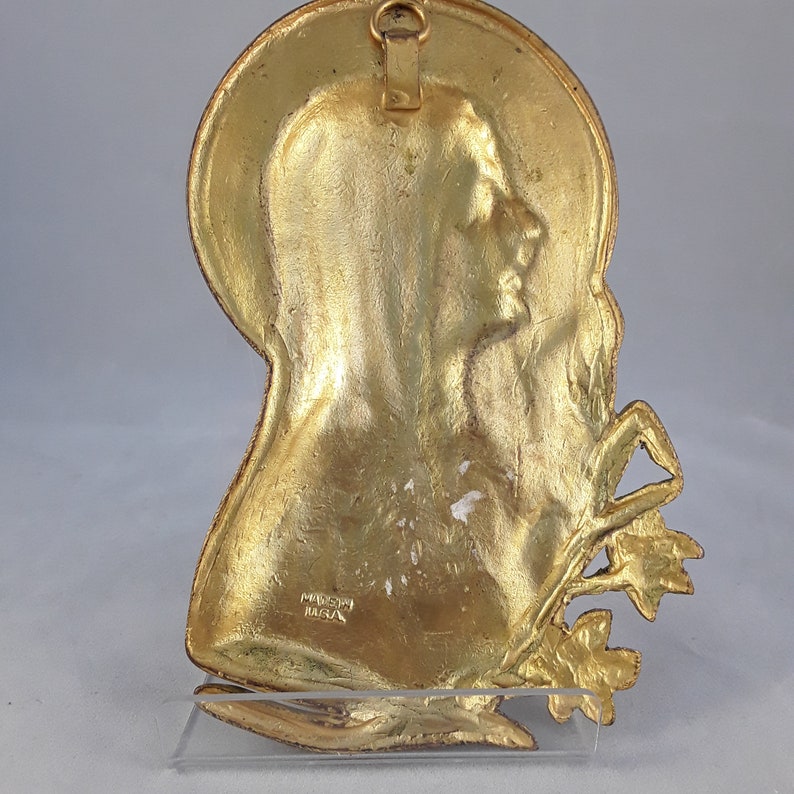 Vintage Gold Tone Metal Religious Wall Plaque Jesus Christ, Virgin Mary ...