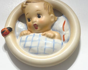Vintage M I Hummel Goebel CHILD IN BED #137 TM5 Figural Wall Plague  Baby with Ladybug