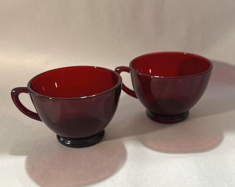 Pair of Vintage Ruby Red Footed Cups by Anchor Hocking: Punch, Luncheon, Tea, Coffee
