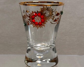 Vintage MCM West German Shot Glass w/Rhinestone Flower and Vine Detail 22K Gold Trim