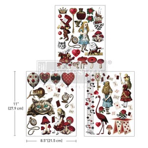 May include: Three sheets of paper with illustrations from Alice in Wonderland. The first sheet features Alice, the Mad Hatter, the Cheshire Cat, and the Queen of Hearts. The second sheet features the Cheshire Cat, a playing card, and a red heart. The third sheet features Alice, the Queen of Hearts, and a flamingo.