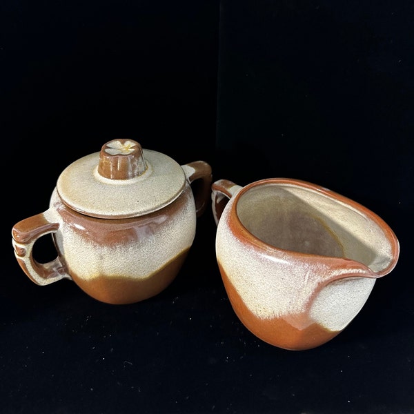 Vintage Frankoma Pottery  * Cream and Lidded Sugar Bowl  Set * Tan & Brown * Plainsman