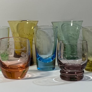 Beautiful Vintage Etched Colored Glass, Crystal Shot Glass, Choice