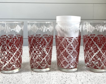 Set of 4 * Vintage Tumblers * 50's Red and White   Mid Century  Atomic