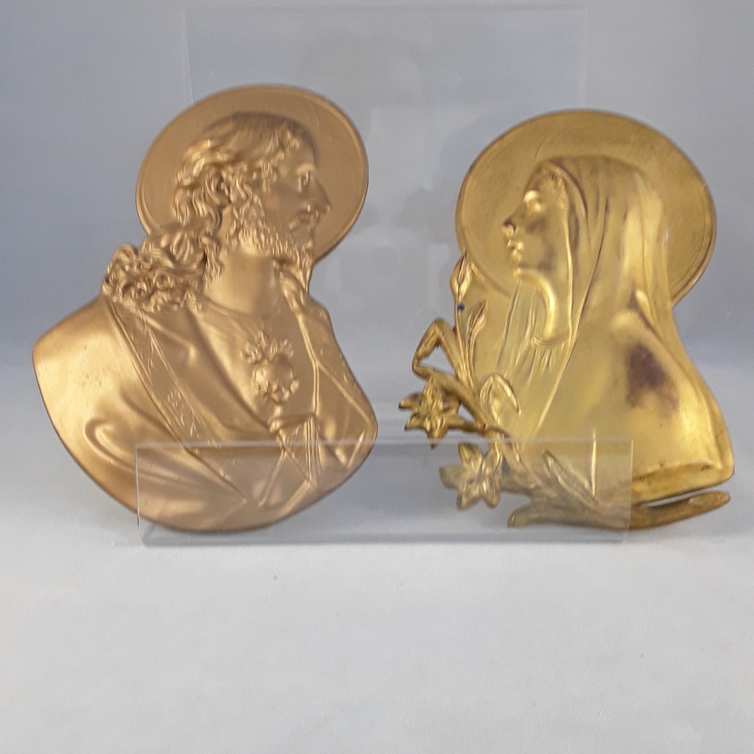 Vintage Gold Tone Metal Religious Wall Plaque Jesus Christ, Virgin Mary