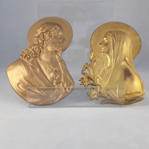 Vintage Gold Tone Metal Religious Wall Plaque Jesus Christ, Virgin Mary Circa 1924