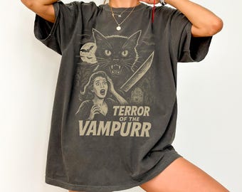 Halloween Cat Vintage Movie T-shirt, Funny Spooky Season Tee, Cat Lover Gift, Retro Vampurr Halloween Shirt, Unisex Vampire Spooky Cat Tee