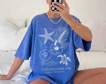 Summer Christian Shirt, Beachy Bible Verse Sweatshirt, Oversized Beach Tee, Jesus Baptism Shirt, Costal Christian Gift, Cute Seashell Shirt