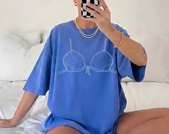 Summer Bikini Shirt, Costal Beachy Shirt, Trendy Vacation Cover Up, Bikini Top Gift For Girlfriend, Seashell Bra Crewneck, Last Splash Tee