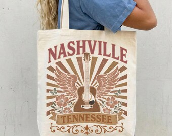 Nashville, Country Music, Guitar, Retro Tote Bag, Boho, Nashville Vintage Style Tote Bag, Retro Country Western Music Lover Gift, Cute Bag